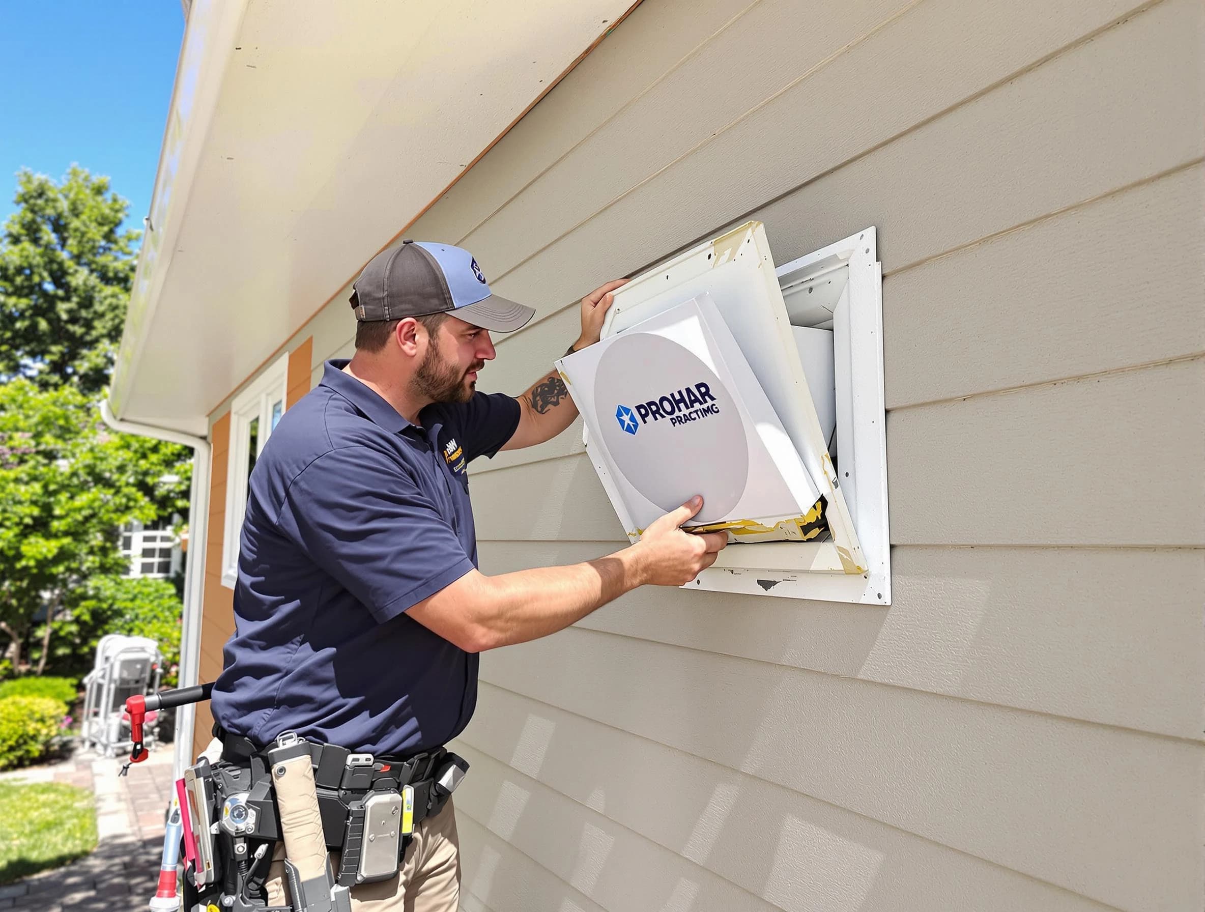 Mustang Dryer Vent Cleaning technician installing a new protective dryer vent cover on a home in Mustang
