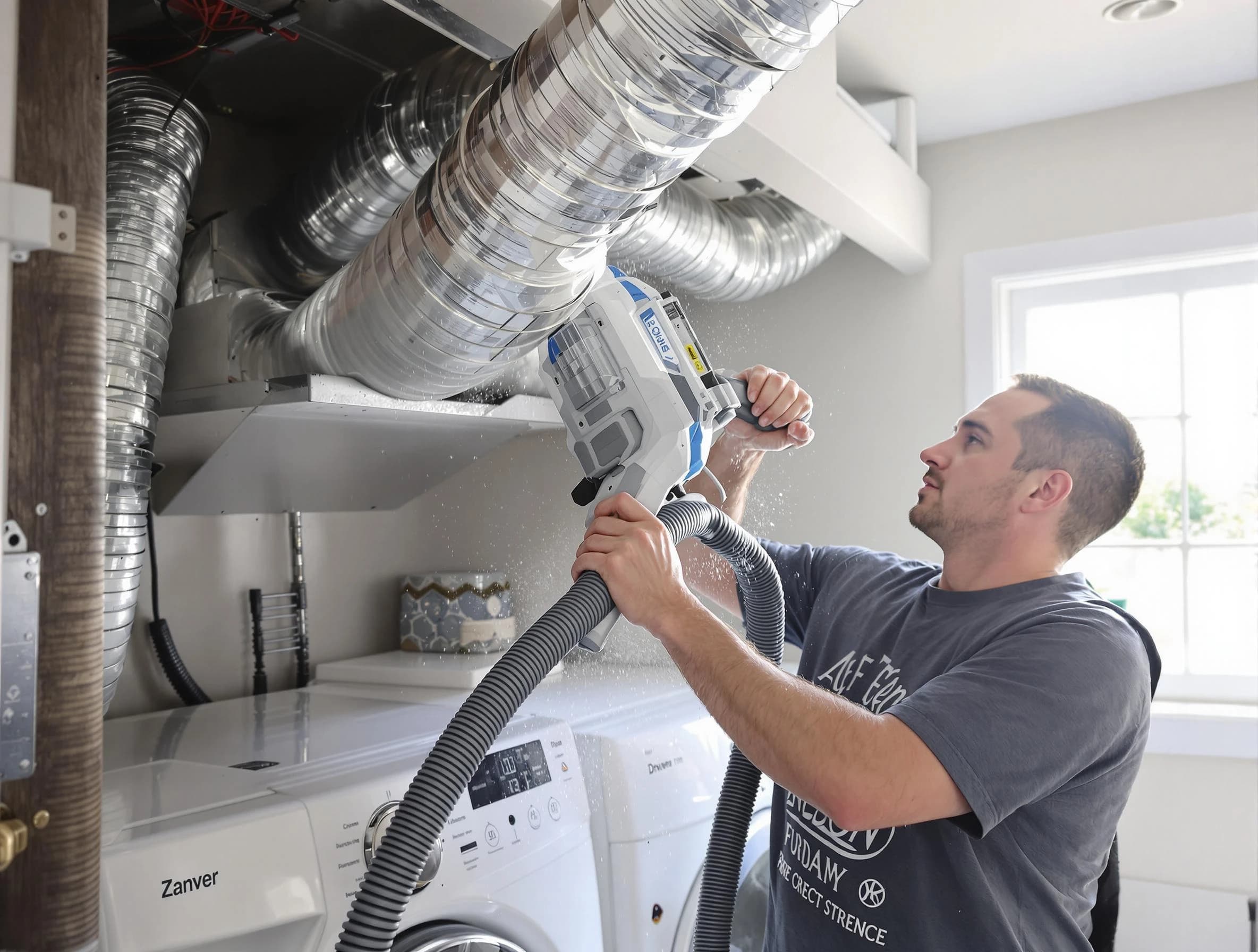 Mustang Dryer Vent Cleaning specialist cleaning deep within a dryer vent duct system in Mustang