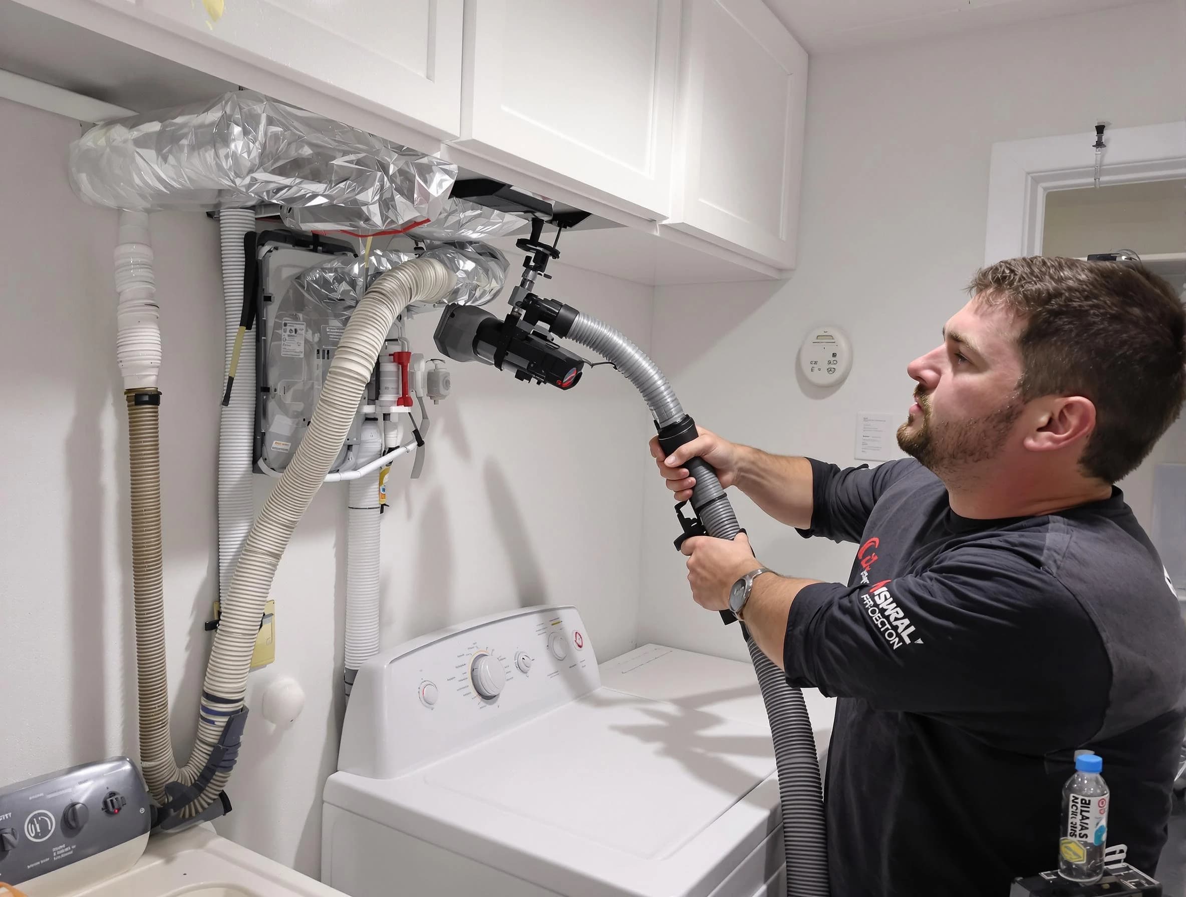 Mustang Dryer Vent Cleaning certified technician performing safety-focused gas dryer vent cleaning in Mustang