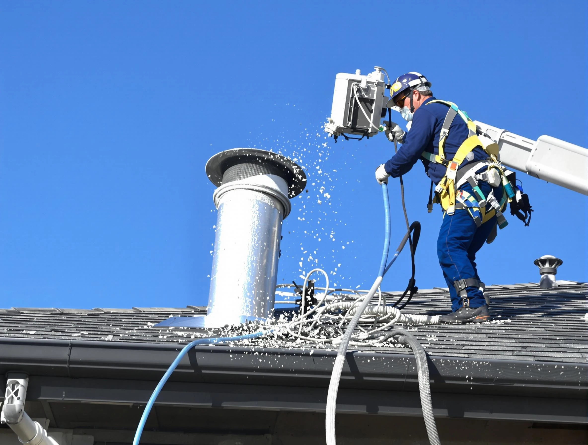 Mustang Dryer Vent Cleaning certified technician safely cleaning a roof-mounted dryer vent in Mustang