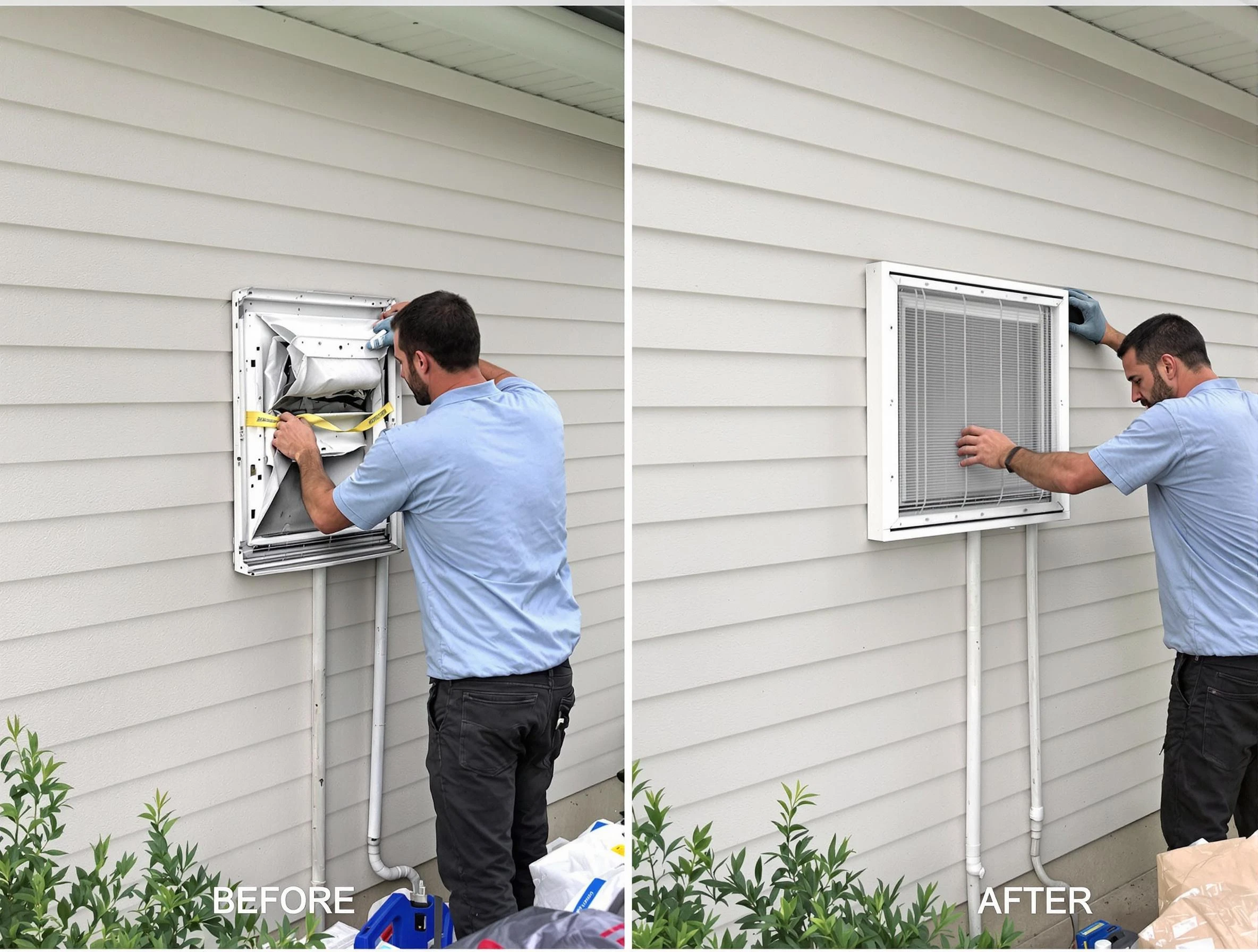 Mustang Dryer Vent Cleaning technician installing high-quality dryer vent cover at a residential property in Mustang